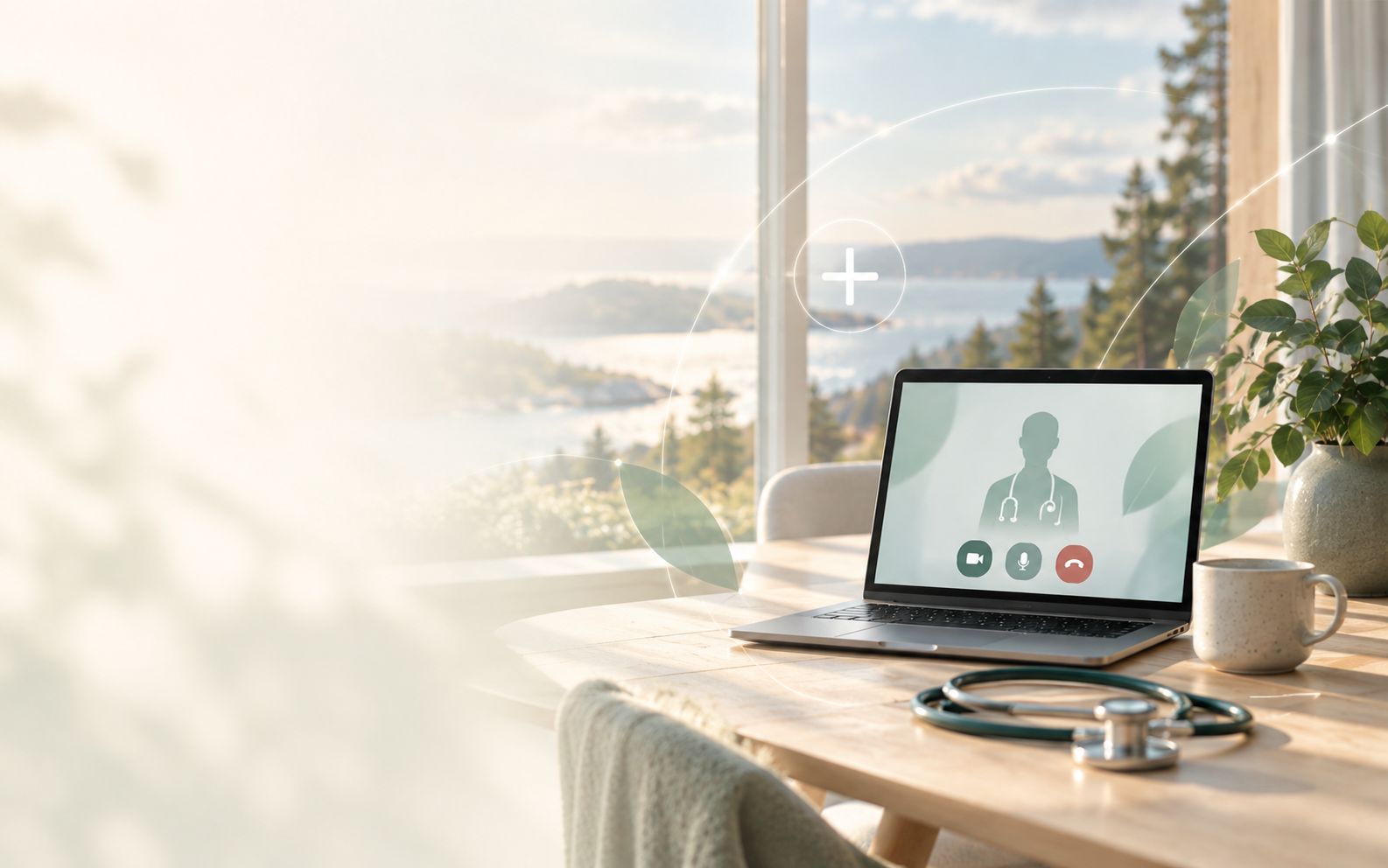 Illustration af en bærbar computer klar til digital konsultation i lyse, rolige omgivelser